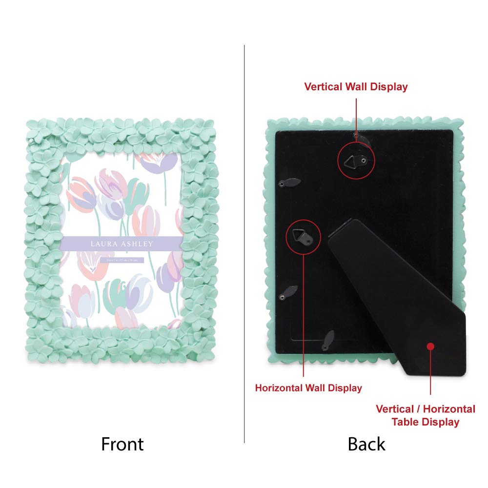 Laura Ashley 5x7 Mint Green Flower Textured Hand-Crafted Resin Picture Frame w/Easel & Hook for Tabletop & Wall Display, Decorat